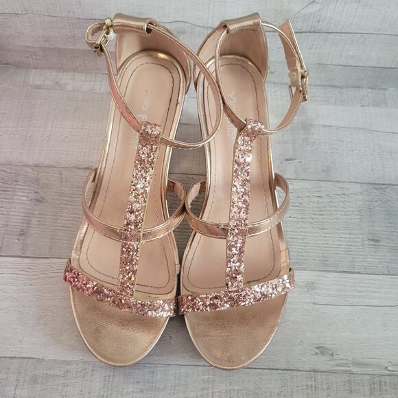 Rose Gold Glitter T-Strap Platform Heels Via Pinky Collection Size 7 - Picture 2 of 7